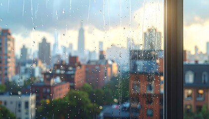 rain window droplet city blur building soft daylight calm urban mood