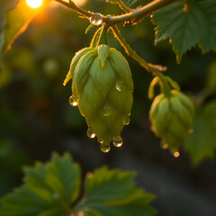 Close-up of hops plant with water droplets at sunrise