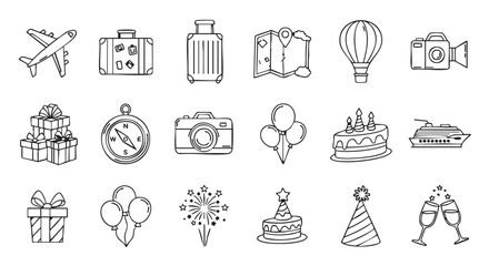 Hand drawn travel and celebration icons in black and white style
