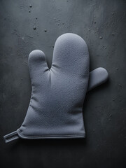 Grey oven glove and potholder on dark textured table, top view. Space for text