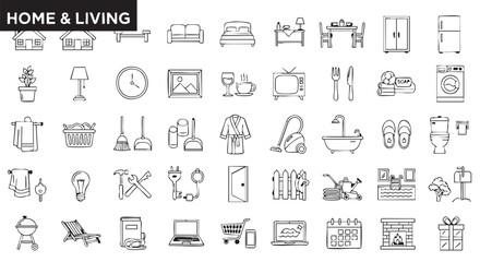 Home and Living doodle vector illustration with furniture and appliances