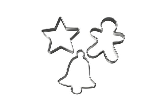 Set of three metallic Christmas cookie cutters isolated on transparent background, in PNG format, cut out