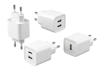 Four white usb wall chargers isolated on transparent background
