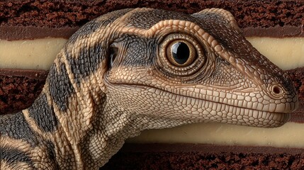 a close-up of a reptile's head against a blurred background of brown and beige colors