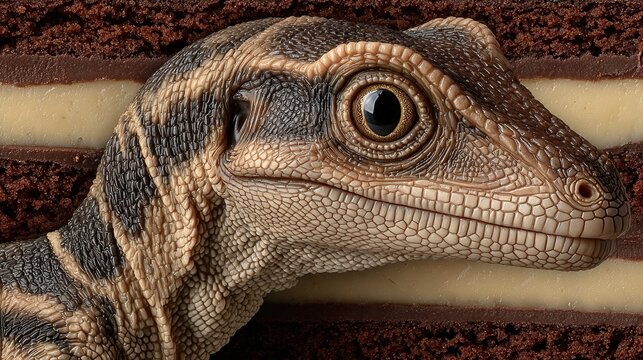 a close-up of a reptile's head against a blurred background of brown and beige colors