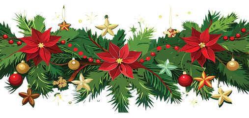 Christmas Festive seamless vector garland illustration with poinsettias and foliage