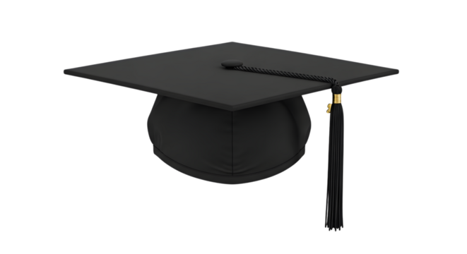 Black Graduation Cap with Tassel and Gold Detail on Black Background Keywords: graduation cap, mortarboard, academic cap, graduation hat, tassel isolated on a transparent background