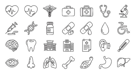 Medical and healthcare icons illustration with human organs and symbols