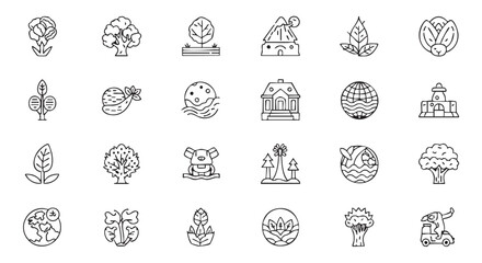 Monochrome Botanical Icons and Agriculture Elements Featuring Trees and Plants