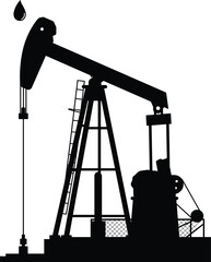 Oil pumpjack silhouette vector illustration. Industrial petroleum energy extraction machine. Black gas industry derrick rig icon isolated on white background.