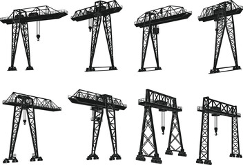 Gantry crane vector icon set. Industrial heavy lifting machinery silhouettes. Construction and port equipment graphics. Isolated on white background.