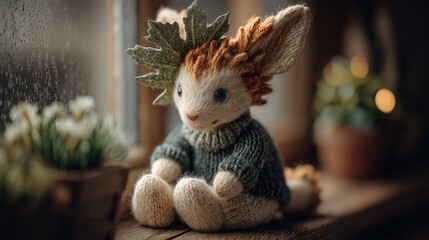 a crocheted stuffed animal with antlers wearing a knitted sweater