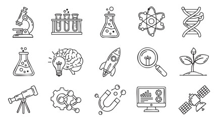 Science and innovation icon set featuring microscope test tubes telescope and brain