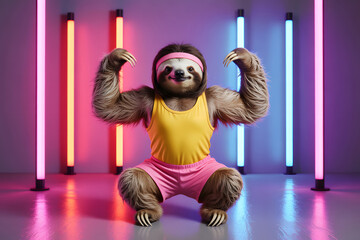 Naklejka premium Sloth in athletic wear posing with neon lights