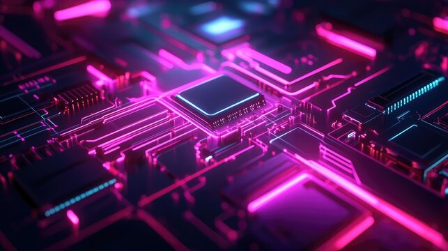 Circuit board with glowing neon pink and blue lines