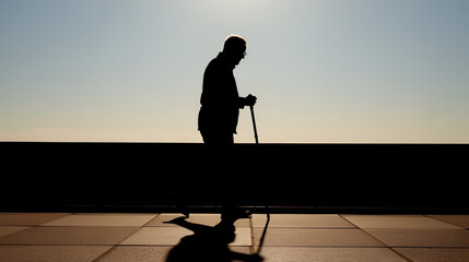 Silhouette of limping man walking with a cane, long shadow on pavement. Concept for disability, old age, blind person, dramatic life