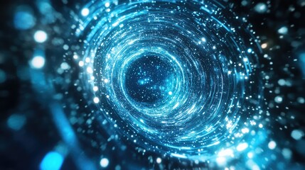 Blue data stream particles forming a digital tunnel vortex