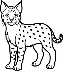 A stylized black and white illustration of a bobcat. The bobcat is depicted in a standing pose, facing the viewer with a friendly expression and open eyes. The bobcat features distinct tufted ears, a 