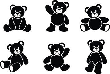Cute teddy bear icons set, playful toy illustrations, adorable bear silhouettes, children’s toys graphics, cartoon teddy designs, nursery decoration elements
