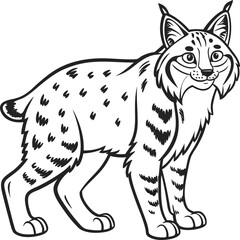 A stylized black and white illustration of a bobcat. The bobcat is depicted in a standing pose, facing the viewer with a friendly expression and open eyes. The bobcat features distinct tufted ears, a 