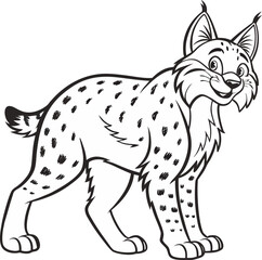 A stylized black and white illustration of a bobcat. The bobcat is depicted in a standing pose, facing the viewer with a friendly expression and open eyes. The bobcat features distinct tufted ears, a 