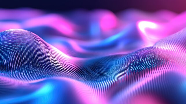 Digital landscape creating a glowing neon wave background