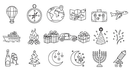 Travel and Celebration Doodle Icons Hot Air Balloon Adventure Elements