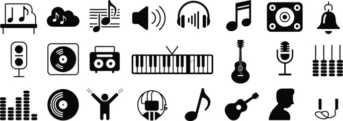 Music icons collection featuring instruments, audio symbols, headphones, speakers, notes, equalizers, recording tools, perfect for digital design, creative media, and multimedia projects