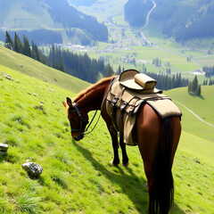 Brown packhorse with pack saddle grazing grass on lush green hill in valley at rural scene