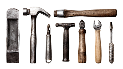 Collection of vintage hand tools isolated on transparent background