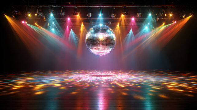 Vibrant Disco Ball Center Stage with Dynamic Spotlights - Powered by Adobe