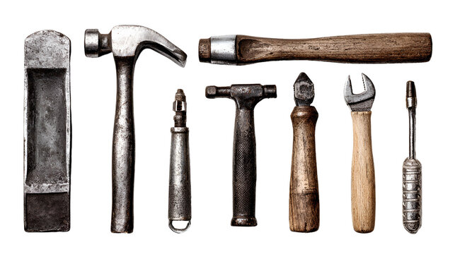 Collection of vintage hand tools isolated on transparent background