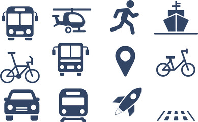 Transport icons set, travel and mobility symbols, vehicle illustrations, navigation elements, public transport graphics, transportation silhouette collection, modern travel design assets