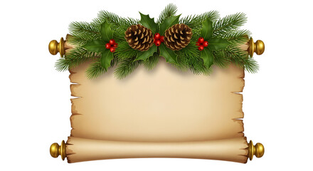 Christmas Scroll with Pine Cones and Holly Berries Festive Decoration parchment isolated on a transparent background