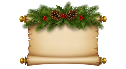Christmas Scroll with Pine Cones and Holly Berries Festive Decoration parchment isolated on a transparent background