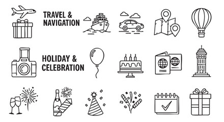 Travel navigation holiday and celebration vector icons collection in black and white