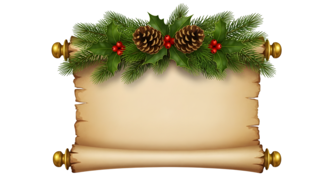 Christmas Scroll with Pine Cones and Holly Berries Festive Decoration parchment isolated on a transparent background