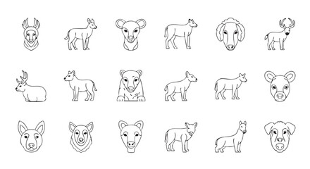 Variety of Animal Outlines on White Background with Stylized Illustrations