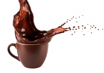 Dark coffee splash from a brown mug isolated on transparent background