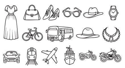 Variety of transportation methods and fashion accessories outlined simply
