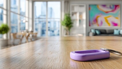 Purple key chain on light wood table