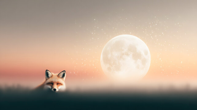 Red Fox Resting in Grass Under Massive Full Moon at Dusk with Copy Space