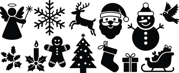 Naklejka premium Christmas holiday icons set, festive symbols, winter elements, Santa, snowman, angel, gifts, decorations, silhouette graphics, seasonal celebration illustrations