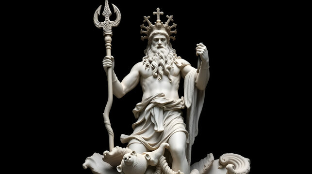 The mighty god of sea and oceans Neptune (Poseidon) The ancient statue against black background.