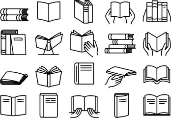 Collection of book icons featuring reading hands, stacked books, open books, study symbols, education graphics, perfect for learning, libraries, and academic design projects