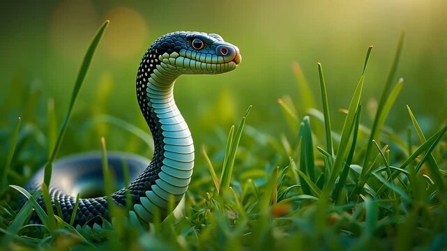 A snake emerges from tall green grass in a natural setting.