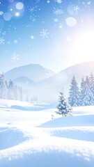 Fototapeta premium A scenic winter landscape with snow-covered ground, evergreen trees, and distant mountains under a bright blue sky, snowflakes falling