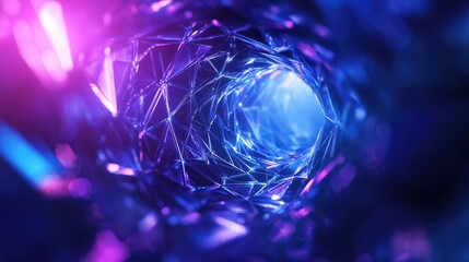 Abstract crystal digital tunnel with glowing blue light