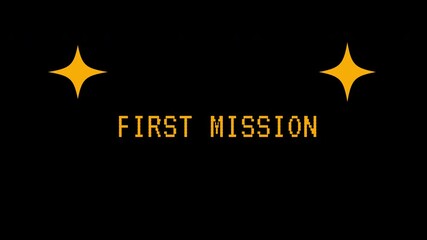 A pixelated retro animation displays 'First Mission' text with sparkling stars. 4K video animation for video game. - Powered by Adobe