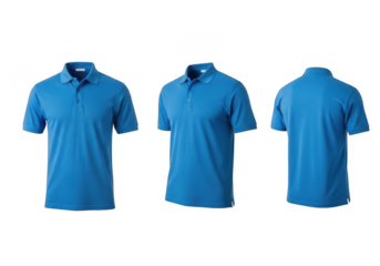Three blue golf shirts displayed from different angles isolated on transparent background